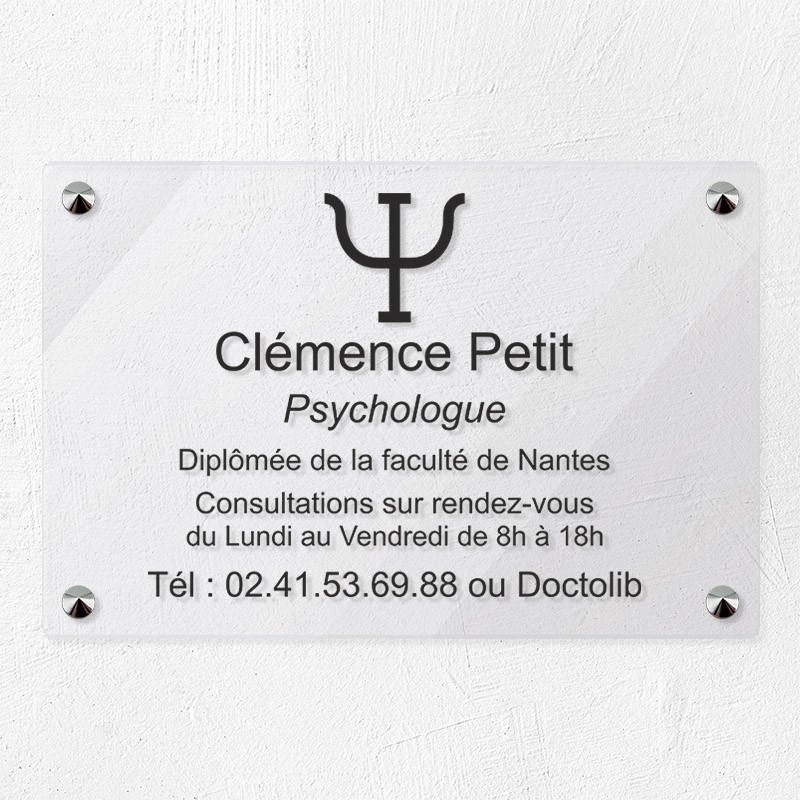 Plaque psychologue en plexiglas transparent à personnaliser 30x20cm