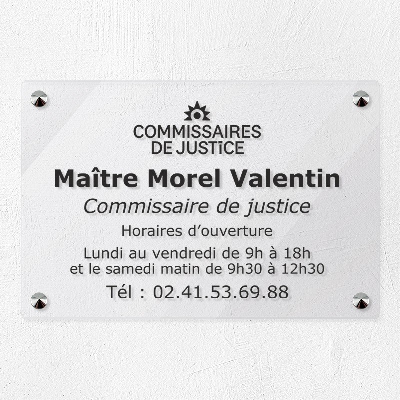 Plaque commissaire justice personnalisée en plexi transparent 30x20cm