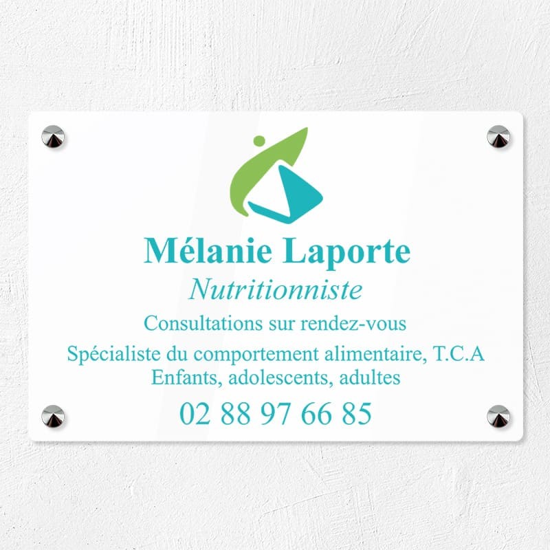 Plaque nutritionniste en plexiglas quadri et logo 30x20cm