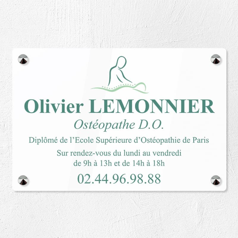 Plaque ostéopathe en plexiglas quadri et logo 30x20cm