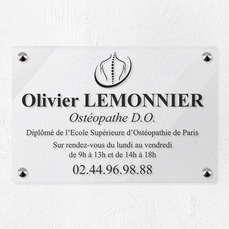 Plaque ostéopathe en plexiglas transparent 30x20cm