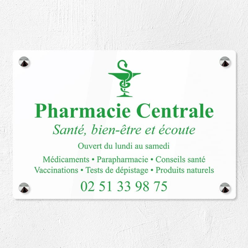 Plaque pharmacie en plexiglas quadri et logo 30x20cm